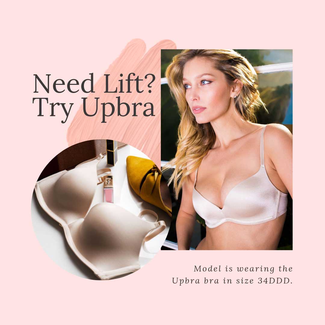 A model who wears size 32B is shown getting amazing cleavage in an Upbra bra